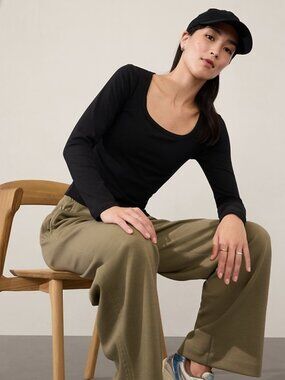 Athleta Signature Rib Square Neck Top Long Sleeve Black NWT Medium